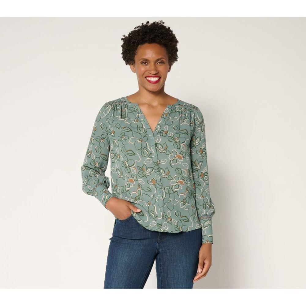 NYDJ Women's Top Sz M Liliana Lace Long Sleeve Peasant Blouse Green A701191